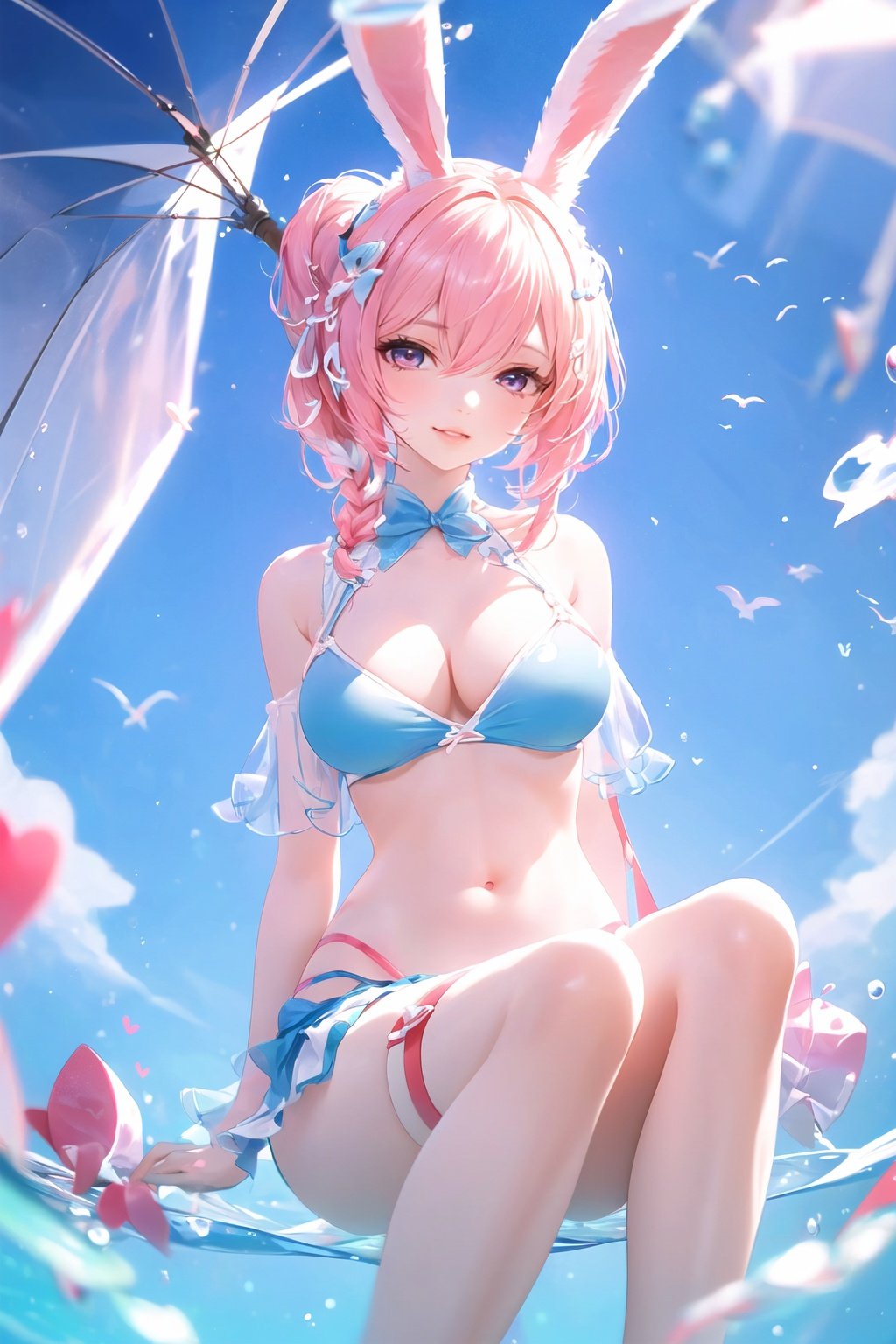 (1girl: 1.2), (breasts: 1.1), (hair), (sirius_(azur_lane)),pink hair, braid, ponytail, light smile, light blue bikini, umbrella, rabbit ears, solo, under water,looking_at_viewer, curtains, barefoot, rating:safe, parted_lips, hair_between_eyes, red_eyes, thigh_strap, sirius_(azure_horizons)_(azur_lane), large_breasts, lips, water, bangs, thighlet, pelvic_curtain,shuixia,full ,blurry,1girl,pink hair,