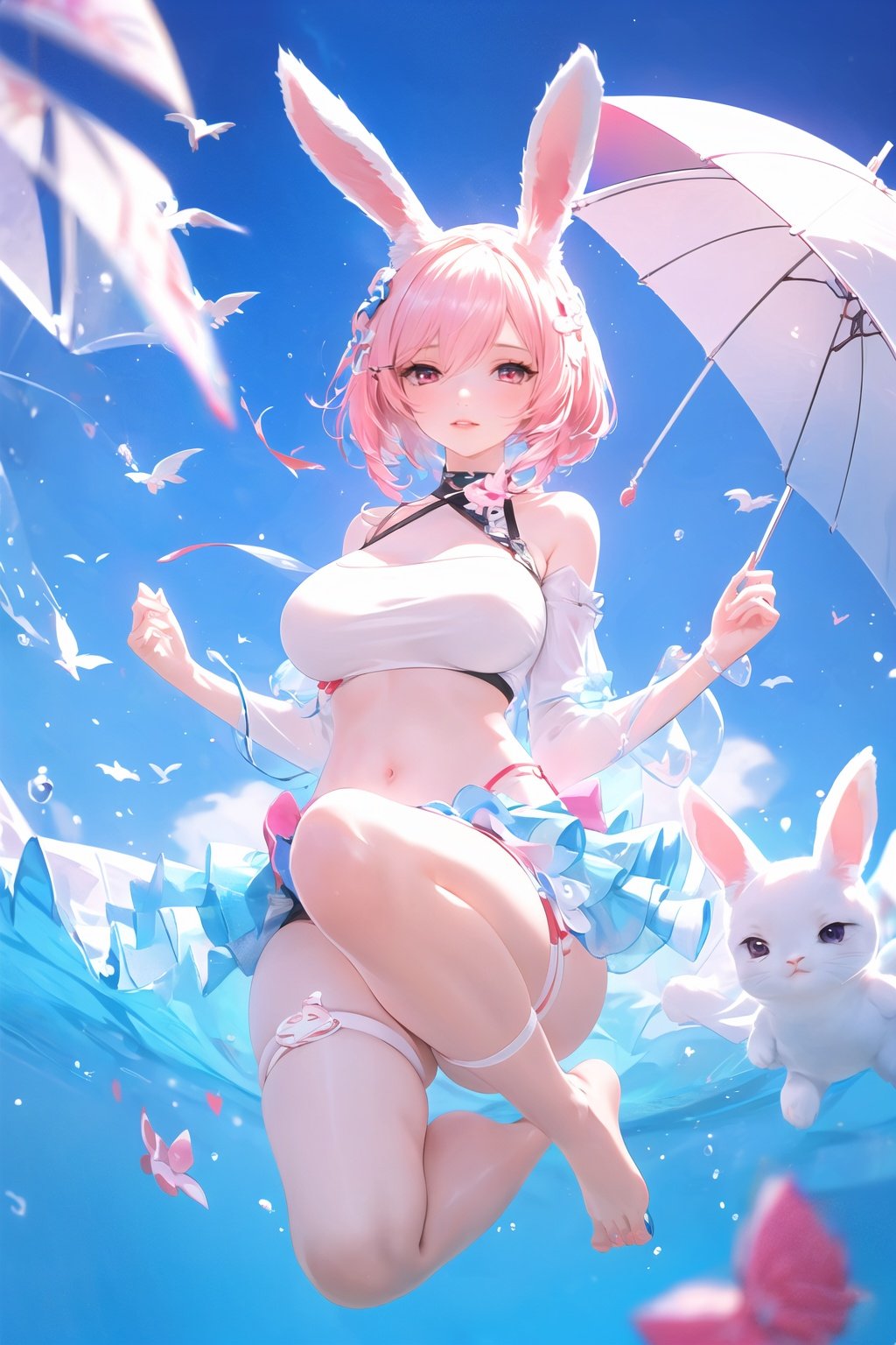 (1girl: 1.2), (breasts: 1.1), (hair), (sirius_(azur_lane)),pink hair, umbrella, rabbit ears, solo, under water,looking_at_viewer, curtains, barefoot, rating:safe, parted_lips, hair_between_eyes, red_eyes, thigh_strap, sirius_(azure_horizons)_(azur_lane), large_breasts, lips, water, bangs, thighlet, pelvic_curtain,shuixia,full ,blurry,1girl,pink hair,