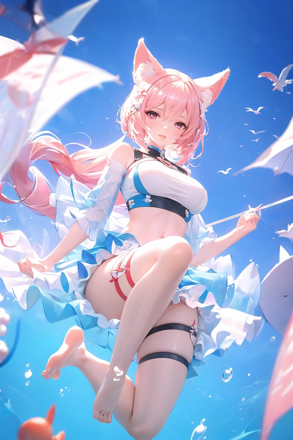 (1girl: 1.2), (breasts: 1.1), (hair), (sirius_(azur_lane)),long hair, unbrella, animal ears, solo, under water,looking_at_viewer, curtains, barefoot, rating:safe, parted_lips, hair_between_eyes, red_eyes, thigh_strap, sirius_(azure_horizons)_(azur_lane), large_breasts, lips, water, bangs, thighlet, pelvic_curtain,shuixia,full ,blurry,1girl,pink hair,