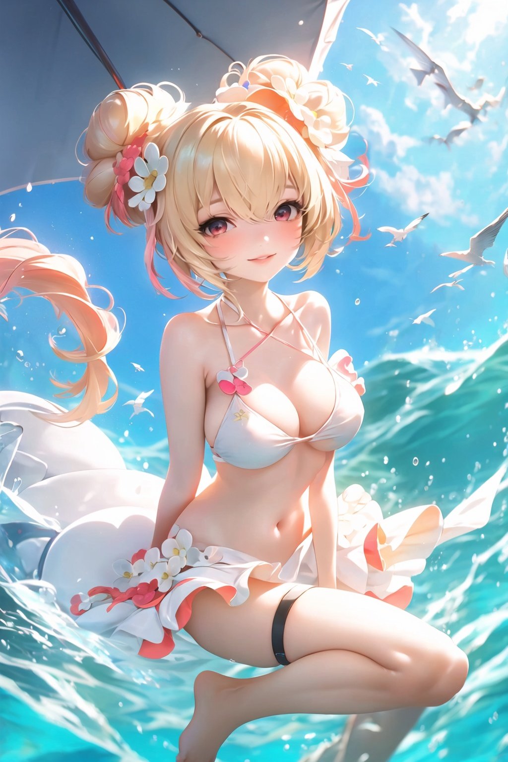 (1girl: 1.2), (breasts: 1.1), (hair), (sirius_(azur_lane)),light golden hair, braid, ponytail, light smile, light blue bikini, umbrella, double buns, solo, under water,looking_at_viewer, curtains, barefoot, rating:safe, parted_lips, hair_between_eyes, red_eyes, thigh_strap, sirius_(azure_horizons)_(azur_lane), large_breasts, lips, water, bangs, thighlet, pelvic_curtain,shuixia,full ,blurry,1girl,pink hair,