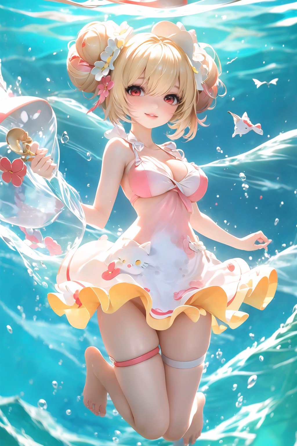 (1girl: 1.2), (breasts: 1.1), (hair), (sirius_(azur_lane)),light golden hair, hello kitty hat on head, light smile, dress, swimming ring, double buns, solo, under water,looking_at_viewer, curtains, barefoot, rating:safe, parted_lips, hair_between_eyes, red_eyes, thigh_strap, sirius_(azure_horizons)_(azur_lane), large_breasts, lips, water, bangs, thighlet, pelvic_curtain,shuixia,full ,blurry,1girl,pink hair,