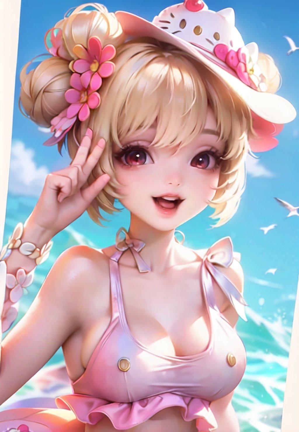 xiaoqiaohellokitty, very cute face, very big fan on hand, 1 girl, light golden hair, ocean , swiming ring on the hand, pink fan, double bun, hellokitty hat on the head, solo, portraut, upper body, smile, looking at viewer, lips, eyeslashes, red eyes, blurry, teeth, star\(symbol\), simple background, hair ornament, hair flower, hellokitty hat, swimsuit, hair bun, looking at viewer, bangs, sky, bird, watercraft, ocean, short hair, dress, v, hair between eyes, light brown hair, full body, outdoors, seagull, stuffed animal, sidelocks, ahoge,Colorful portraits,ChihunHentai,shuixia,midjourney,backlight,Rebellious girl,moonriver,flat