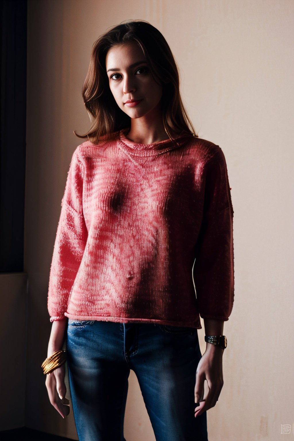 xyzsansweater, RAW photo, face portrait photo of beautiful woman, cute face, happy face, cinematic shot, dramatic lighting, pink sweater, jeans, one hand up, <lora:xyzsansweater:1>