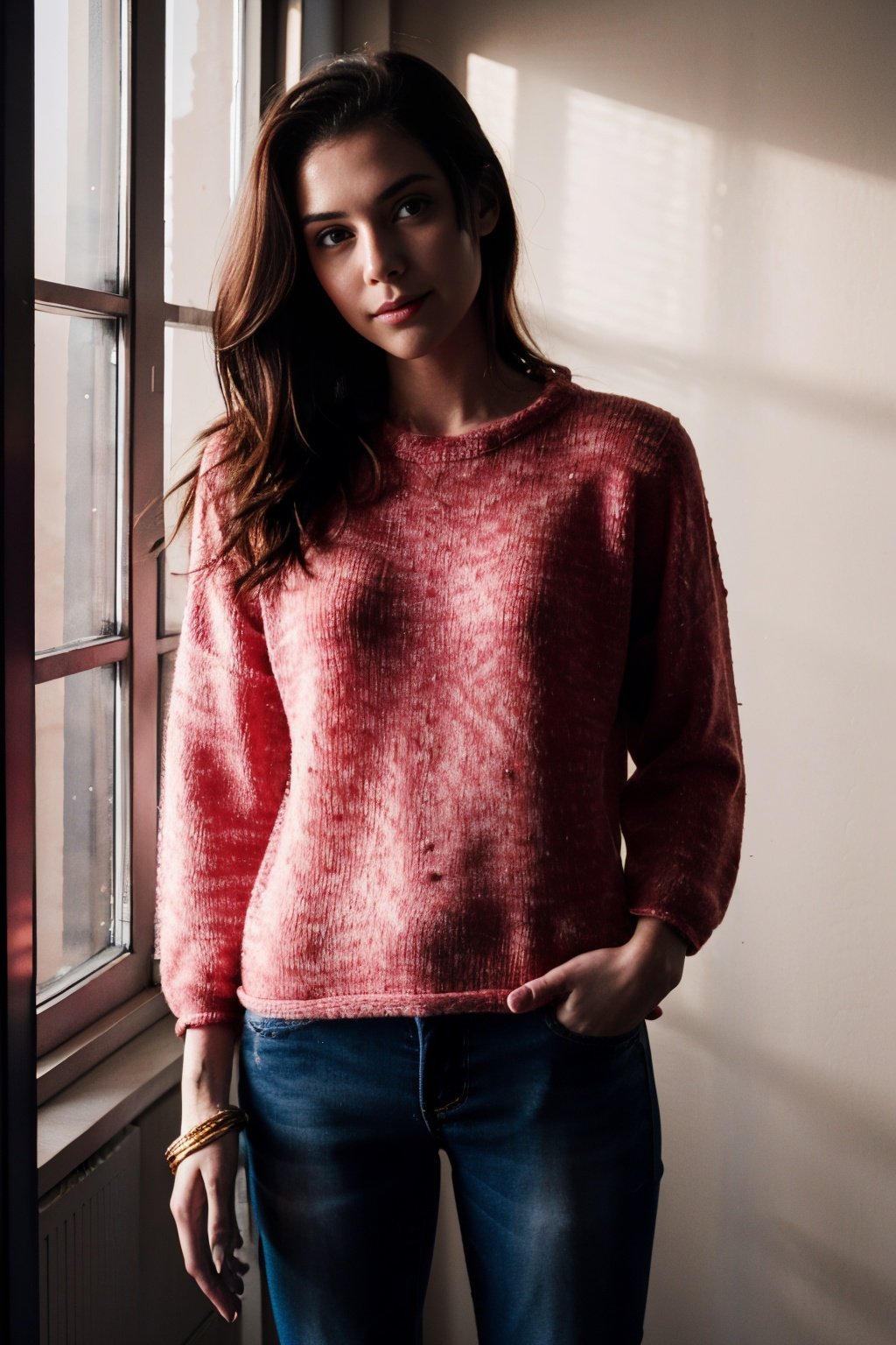 xyzsansweater, RAW photo, face portrait photo of beautiful woman, cute face, happy face, cinematic shot, dramatic lighting, pink sweater, jeans, one hand up, <lora:xyzsansweater:1>