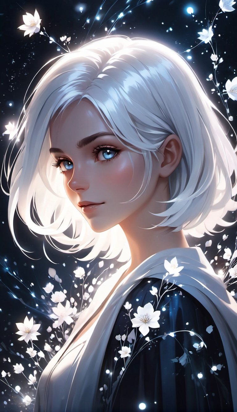 1girl, white hair, magical, abstract, bloom, light particles, looking at viewer, realistic, solo, trending on Instagram, trending on Pinterest,