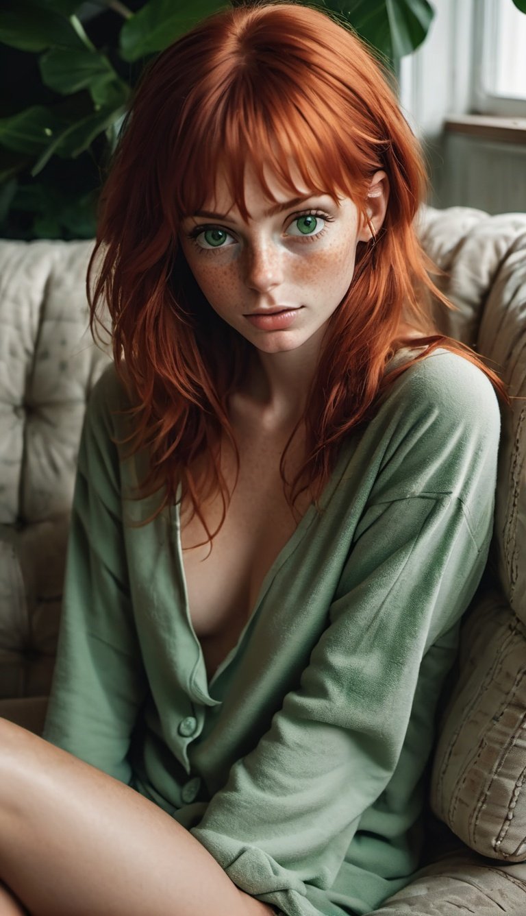 1girl with red hair sits on a cozy couch, fit, sexy, busty, pajamas, nude, artist name, bangs, green eyes, eyelashes, freckles, messy hair, looking at viewer, freckles under eye, realistic, solo, tears, teeth, (full face), 5 fingers, film stock, analogue photography, kodak, fujifilm, film grain, trending on Instagram, trending on Pinterest, shabby apartment, middle class, detailed couch, no-makeup, aris hands,