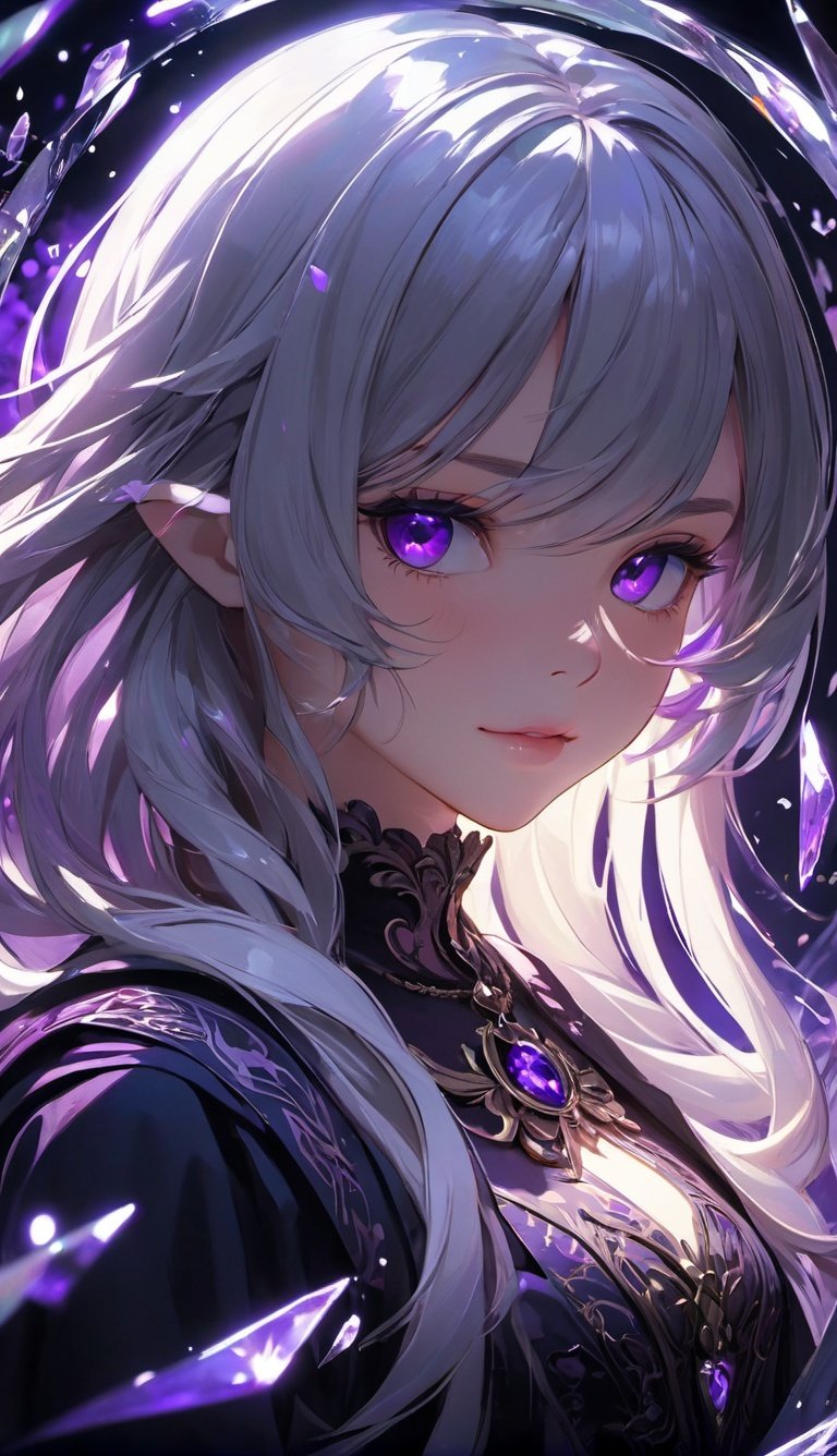 (masterpiece, best quality, ultra-detailed, best shadow), (detailed background,dark fantasy), (beautiful detailed face), high contrast, (best illumination, an extremely delicate and beautiful), ((cinematic light)), colorful, hyper detail, dramatic light, intricate details, (1girl, solo,white hair, sharp face,purple eyes, hair between eyes,dynamic angle), blood splatter, swirling black light around the character, depth of field,black light particles,(broken glass),magic circle, full body,