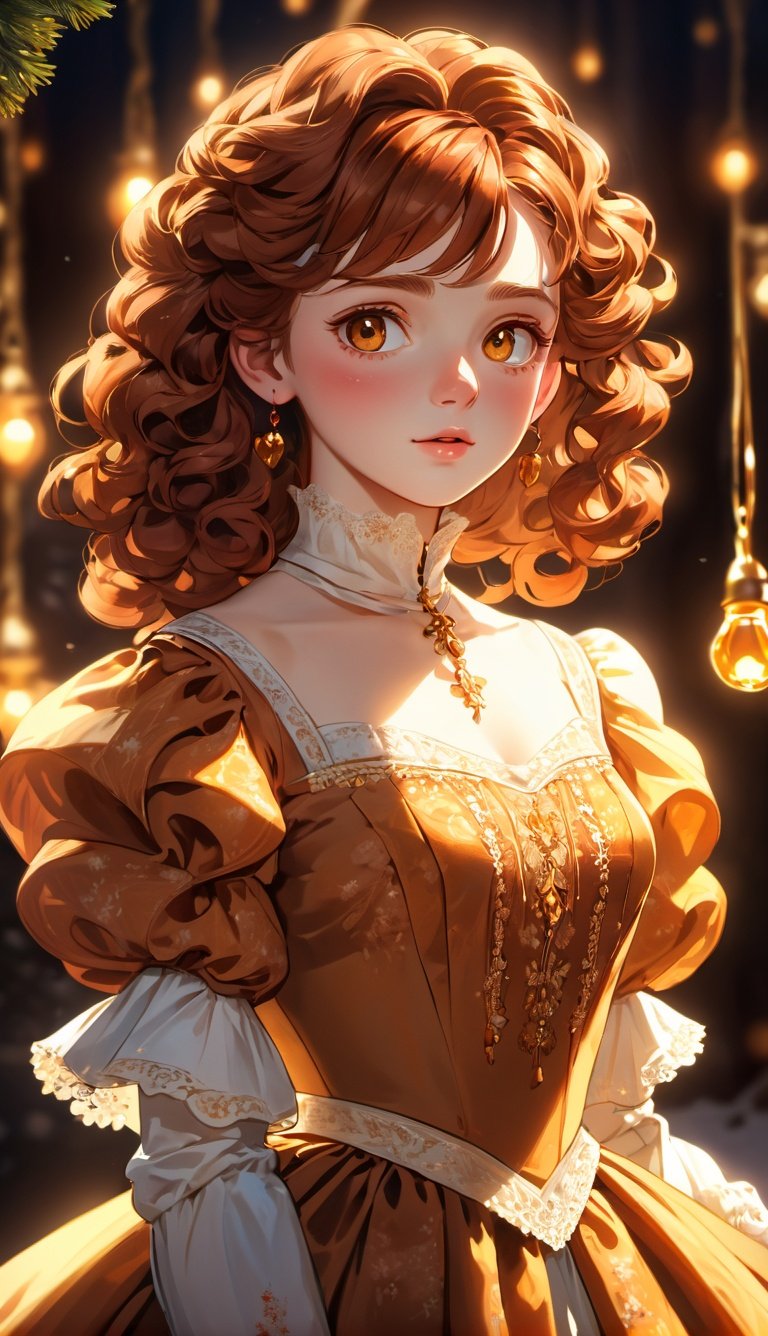 (best quality:1.3),masterpiece,beautiful detailed glow,textile shading,absurdres,highres,dynamic lighting,intricate detailed,beautiful eyes,(1girl, solo:1.5),(pov),Ringlets, auburn hair, honey-brown eyes, radiant, vintage dress,(backlighting),(face lighting),(looking of viewer),(Winter)