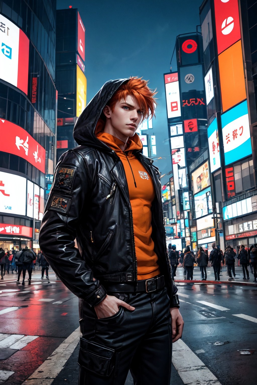 Masterpiece, Best Quality, (detailed:1.3),  1boy, orange hair, cyberpunk, hood,dynamic pose, middle of the street, shibuya, outdoors, cowboy shot, looking at viewer,.