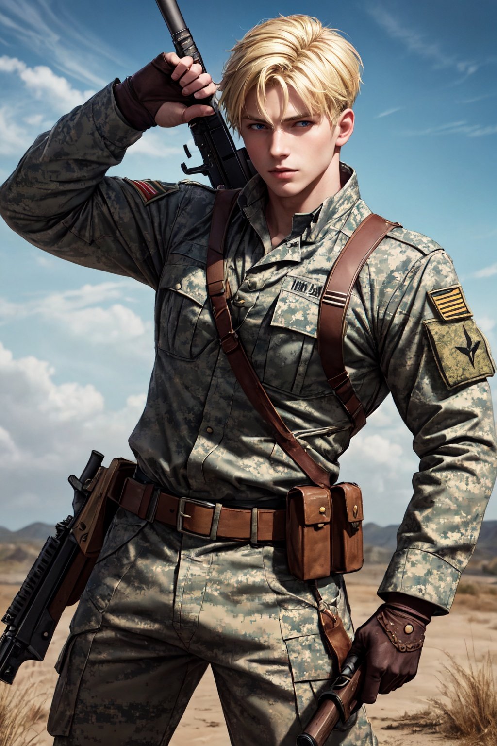 Masterpiece, Best Quality, (detailed:1.3), 1boy, blonde military, battlefield, weapon, cowboy_shot, looking_at_viewer