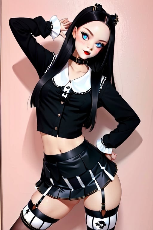 ounk prostitute girl with flared black and white striped miniskirt and buccaneer stockings and high laced borseguies high quality color image,