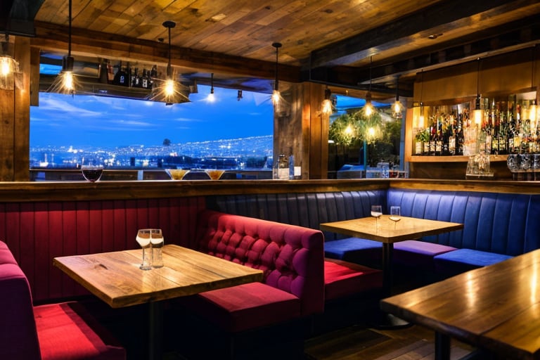 French cafe at night, pleasant atmosphere, pleasant lighting, relaxed atmosphere, through the large glass windows, you can see the lights of Paris, people passing by, the cafe is dominated by a large wooden bar with a barista wiping glasses. A man sits at the bar and drinks his beer, ignoring the people present. At the tables, on wooden benches, upholstered in thick red backrests, couples are sitting and casually talking, laughing, on their tables are drinks and lamps that pleasantly illuminate the tables and the guests of the cafe