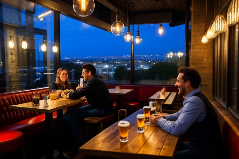 French cafe at night, pleasant atmosphere, pleasant lighting, relaxed atmosphere, through the large glass windows, you can see the lights of Paris, people passing by, the cafe is dominated by a large wooden bar with a barista wiping glasses. A man sits at the bar and drinks his beer, ignoring the people present. At the tables, on wooden benches, upholstered in thick red backrests, couples are sitting and casually talking, laughing, on their tables are drinks and lamps that pleasantly illuminate the tables and the guests of the cafe  photorealism, guests in a cafe, male and female couples