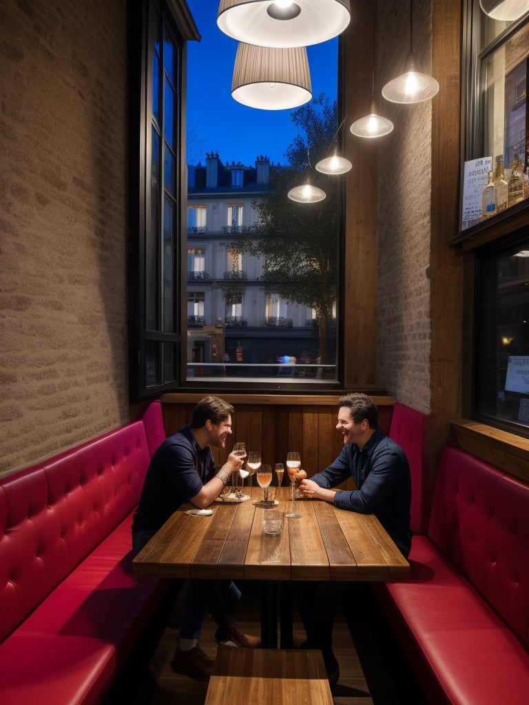 French cafe at night, pleasant atmosphere, pleasant lighting, relaxed atmosphere, through the large glass windows, you can see the lights of Paris, people passing by, dominate large nice wooden bar, bartender wiping glasses. A one man sits at the bar and drinks his drink, ignoring people present. At the tables, on wooden benches, upholstered in thick red backrests, couples are sitting and casually talking, laughing, perfect faces, symmetrical faces, symmetrical eyes, natural faces, natural smiles, on their tables are drinks and lamps that pleasantly illuminate the tables and the guests of the cafe  photorealism, guests in a cafe, male and female couples