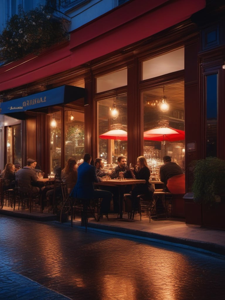 French cafe at night, pleasant atmosphere, pleasant lighting, relaxed atmosphere, through the large glass windows, you can see the lights of Paris, people passing by, dominate large nice wooden bar, bartender wiping glasses. A one man sits at the bar and drinks his drink, ignoring people present. At the tables, on wooden benches, upholstered in thick red backrests, couples are sitting and casually talking, laughing, perfect faces, symmetrical faces, symmetrical eyes, natural faces, natural smiles, on their tables are drinks and lamps that pleasantly illuminate the tables and the guests of the cafe  photorealism, guests in a cafe, male and female couples