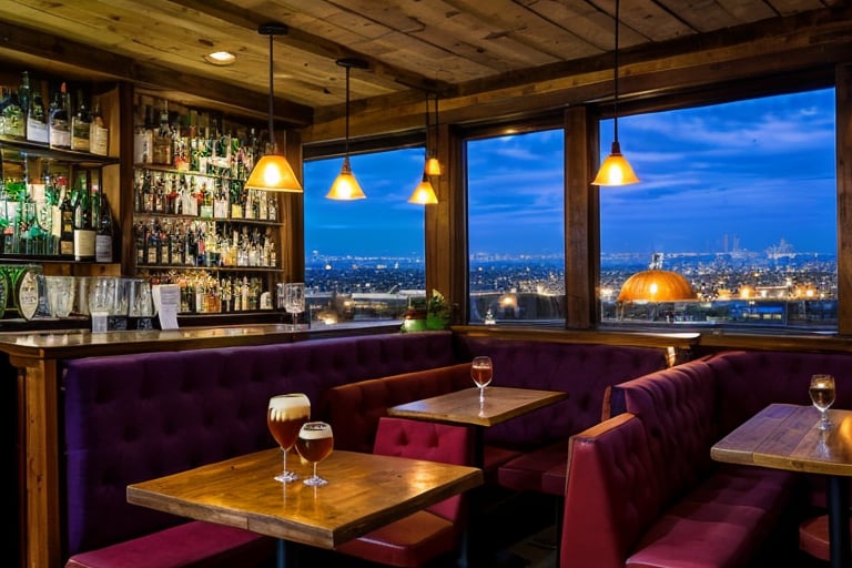 French cafe at night, pleasant atmosphere, pleasant lighting, relaxed atmosphere, through the large glass windows, you can see the lights of Paris, people passing by, the cafe is dominated by a large wooden bar with a barista wiping glasses. A man sits at the bar and drinks his beer, ignoring the people present. At the tables, on wooden benches, upholstered in thick red backrests, couples are sitting and casually talking, laughing, on their tables are drinks and lamps that pleasantly illuminate the tables and the guests of the cafe