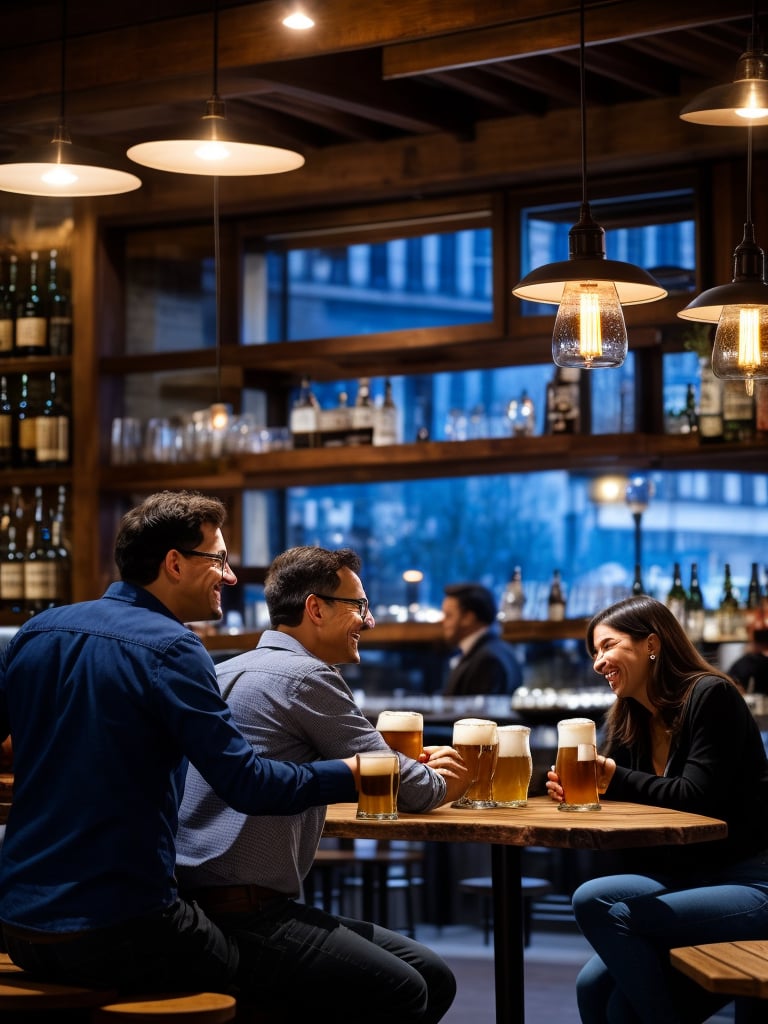 French cafe at night, pleasant atmosphere, pleasant lighting, relaxed atmosphere, through the large glass windows, you can see the lights of Paris, people passing by, the cafe is dominated by a large wooden bar with a barista wiping glasses. A man sits at the bar and drinks his beer, ignoring the people present. At the tables, on wooden benches, upholstered in thick red backrests, couples are sitting and casually talking, laughing, on their tables are drinks and lamps that pleasantly illuminate the tables and the guests of the cafe  photorealism, guests in a cafe, male and female couples