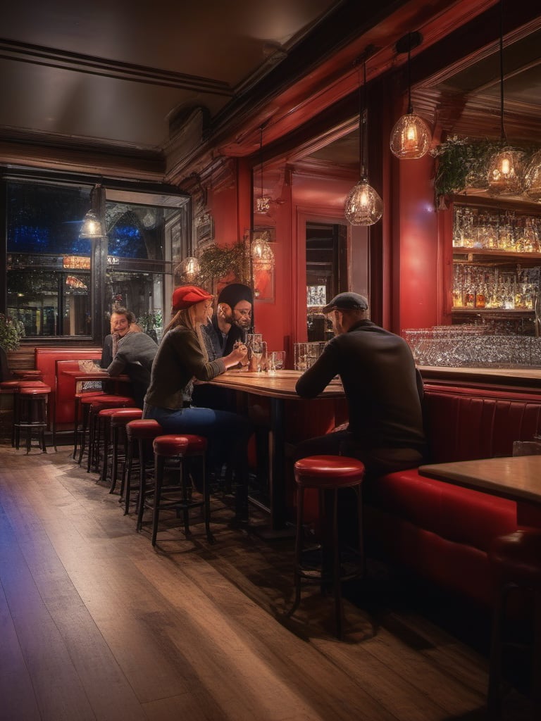 masterpiece, best quality, Inside French cafe at night, pleasant atmosphere, pleasant lighting, relaxed atmosphere, through the large glass windows, you can see the lights of Paris, people passing by, dominate large nice wooden bar, bartender wiping glasses. A one man sits at the bar and drinks his drink, ignoring people present. At the tables, on wooden benches, upholstered in thick red backrests, couples are sitting and casually talking, laughing, perfect faces, symmetrical faces, symmetrical eyes, natural faces, natural smiles, on their tables are drinks and lamps that pleasantly illuminate the tables and the guests of the cafe  photorealism, guests in a cafe, male and female couples