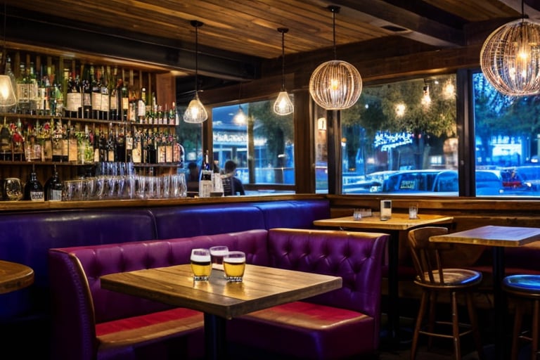 French cafe at night, pleasant atmosphere, pleasant lighting, relaxed atmosphere, through the large glass windows, you can see the lights of Paris, people passing by, the cafe is dominated by a large wooden bar with a barista wiping glasses. A man sits at the bar and drinks his beer, ignoring the people present. At the tables, on wooden benches, upholstered in thick red backrests, couples are sitting and casually talking, laughing, on their tables are drinks and lamps that pleasantly illuminate the tables and the guests of the cafe  photorealism, guests in a cafe, male and female couples