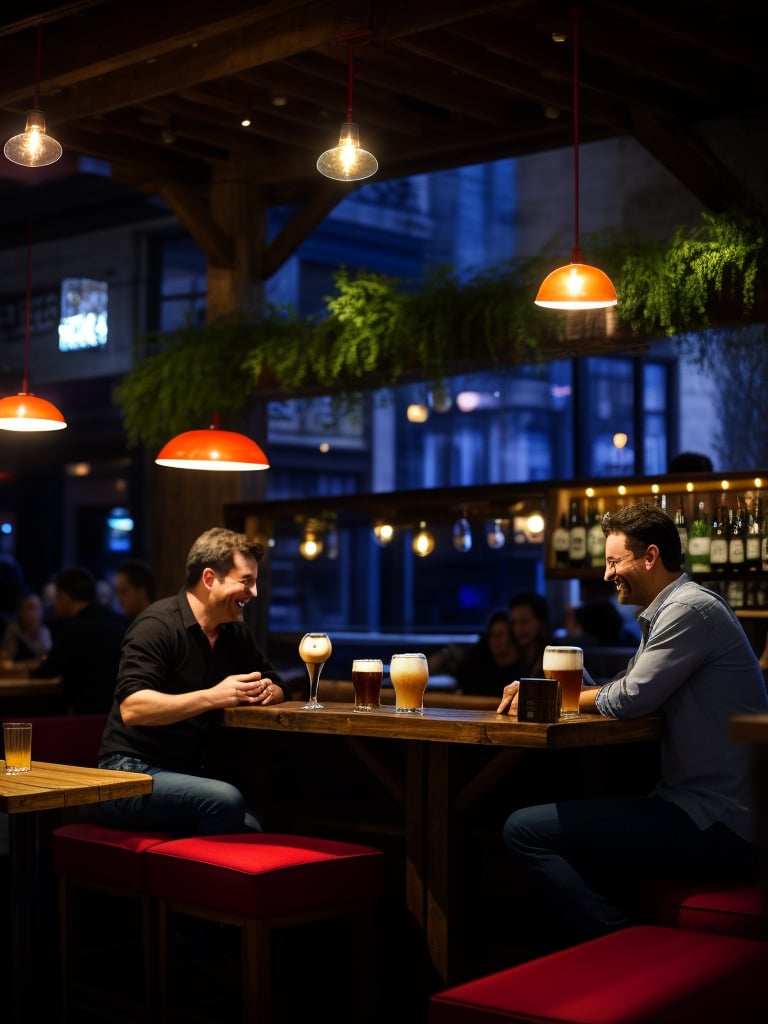 French cafe at night, pleasant atmosphere, pleasant lighting, relaxed atmosphere, through the large glass windows, you can see the lights of Paris, people passing by, the cafe is dominated by a large wooden bar with a barista wiping glasses. A man sits at the bar and drinks his beer, ignoring the people present. At the tables, on wooden benches, upholstered in thick red backrests, couples are sitting and casually talking, laughing, on their tables are drinks and lamps that pleasantly illuminate the tables and the guests of the cafe  photorealism, guests in a cafe, male and female couples