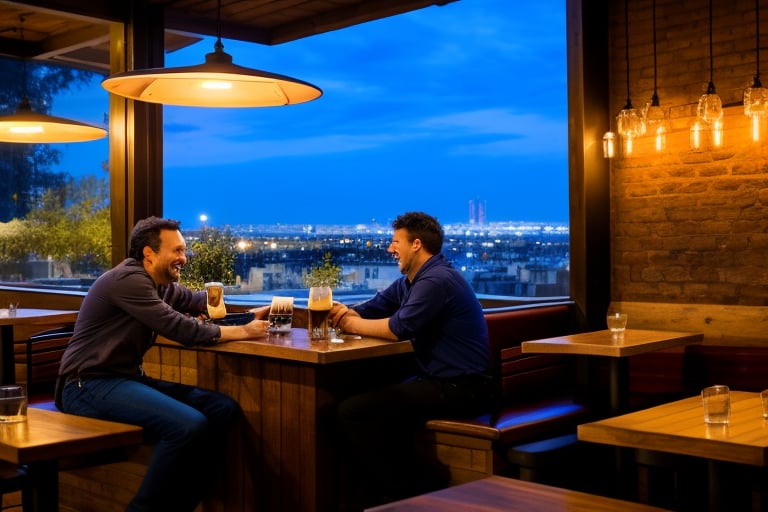 French cafe at night, pleasant atmosphere, pleasant lighting, relaxed atmosphere, through the large glass windows, you can see the lights of Paris, people passing by, the cafe is dominated by a large wooden bar with a barista wiping glasses. A man sits at the bar and drinks his beer, ignoring the people present. At the tables, on wooden benches, upholstered in thick red backrests, couples are sitting and casually talking, laughing, on their tables are drinks and lamps that pleasantly illuminate the tables and the guests of the cafe  photorealism, guests in a cafe, male and female couples
