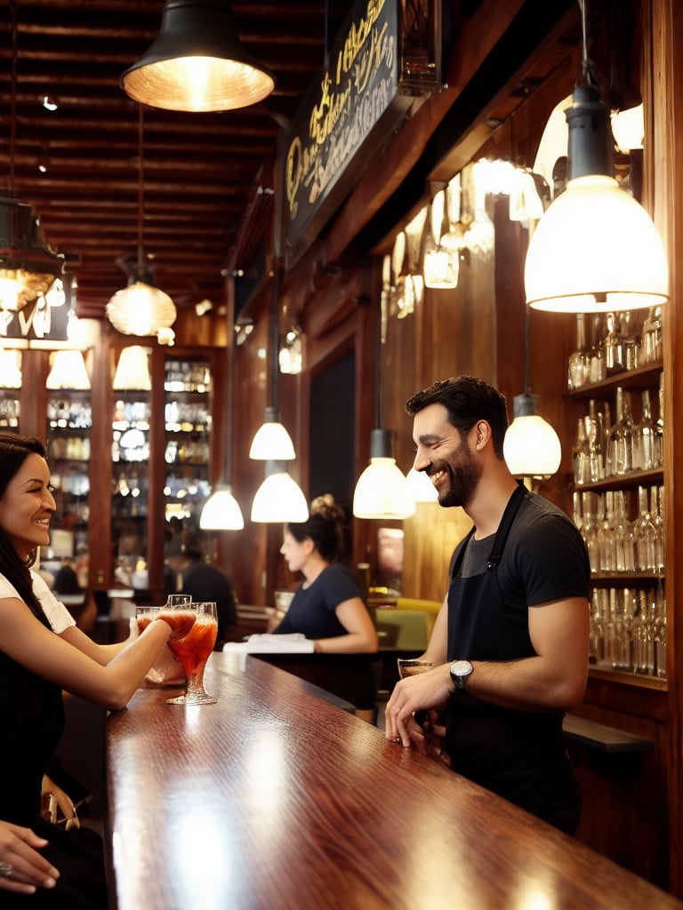 masterpiece, best quality, Inside French cafe at night, pleasant atmosphere, pleasant lighting, relaxed atmosphere, through the large glass windows, you can see the lights of Paris, people passing by, dominate large nice wooden bar, bartender wiping glasses. A one man sits at the bar and drinks his drink, ignoring people present. At the tables, on wooden benches, upholstered in thick red backrests, couples are sitting and casually talking, laughing, perfect faces, symmetrical faces, symmetrical eyes, natural faces, natural smiles, on their tables are drinks and lamps that pleasantly illuminate the tables and the guests of the cafe  photorealism, guests in a cafe, male and female couples