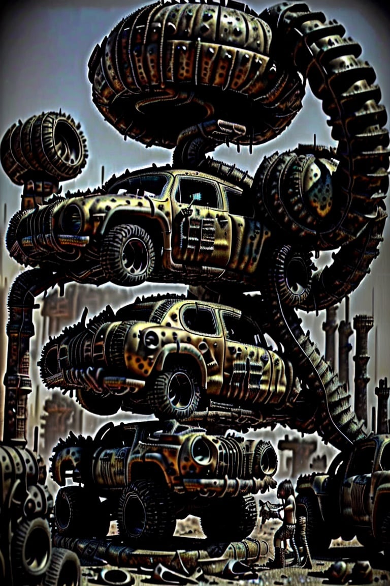 boy and girl in a post apocalyptic world diesel punk retro futuristic scrapped tires carrion carrion birds metal statues desert old cars nuclear waste broken firearms refurbished