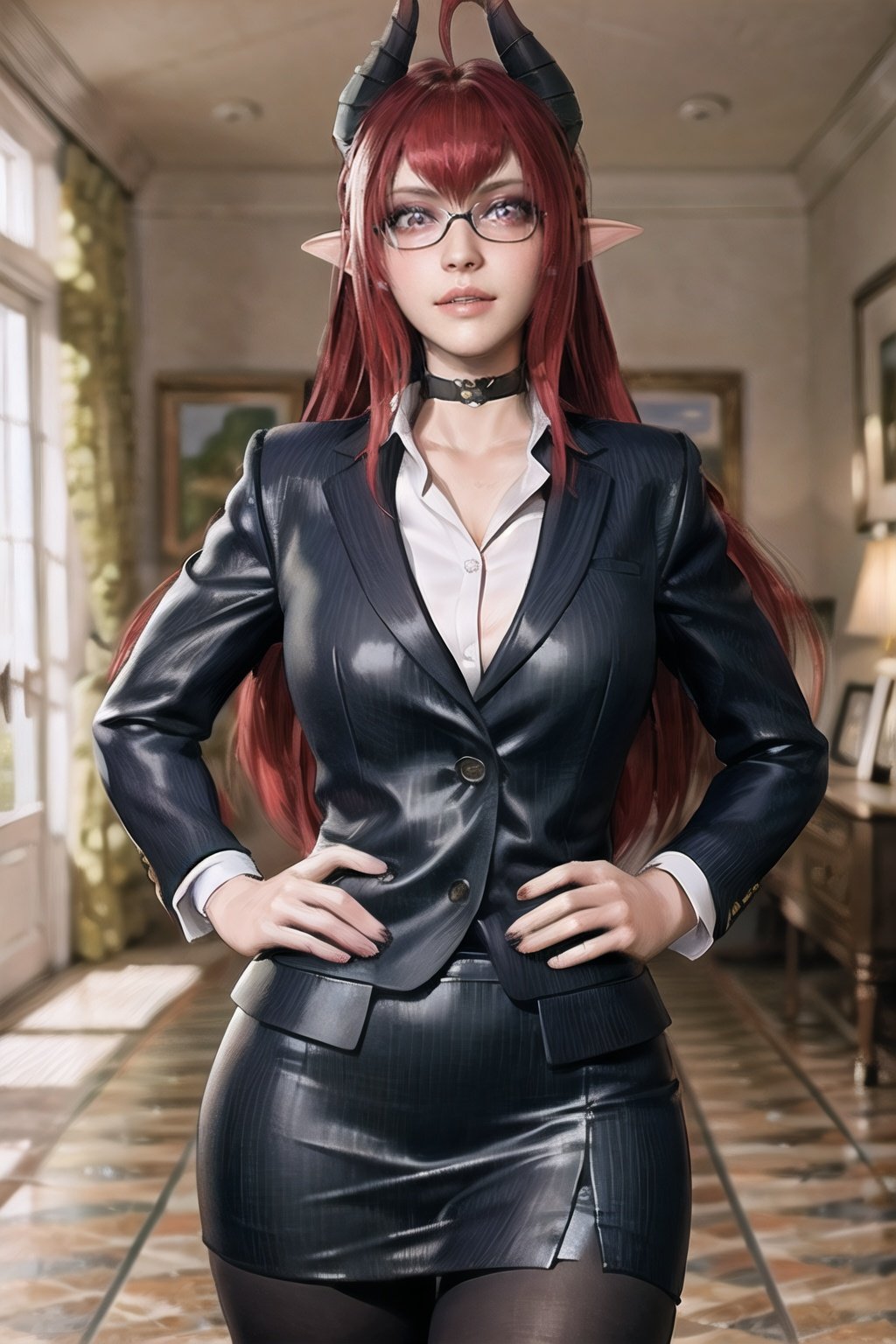 Sinia_suit_aiwaifu,black_legwear, black_skirt, breasts, choker, demon_girl, demon_horns, glasses, horns, jacket, long_hair,miniskirt, pantyhose, pencil_skirt, pinstripe_pattern, pinstripe_suit, pointy_ears,red_hair, skirt, striped, striped_skirt, vertical-striped_skirt, vertical_stripes, masterpiece,best quality,ultra detailed, 8k, cinematic light,highly detailed, scenery,pose,solo,looking at viewer,