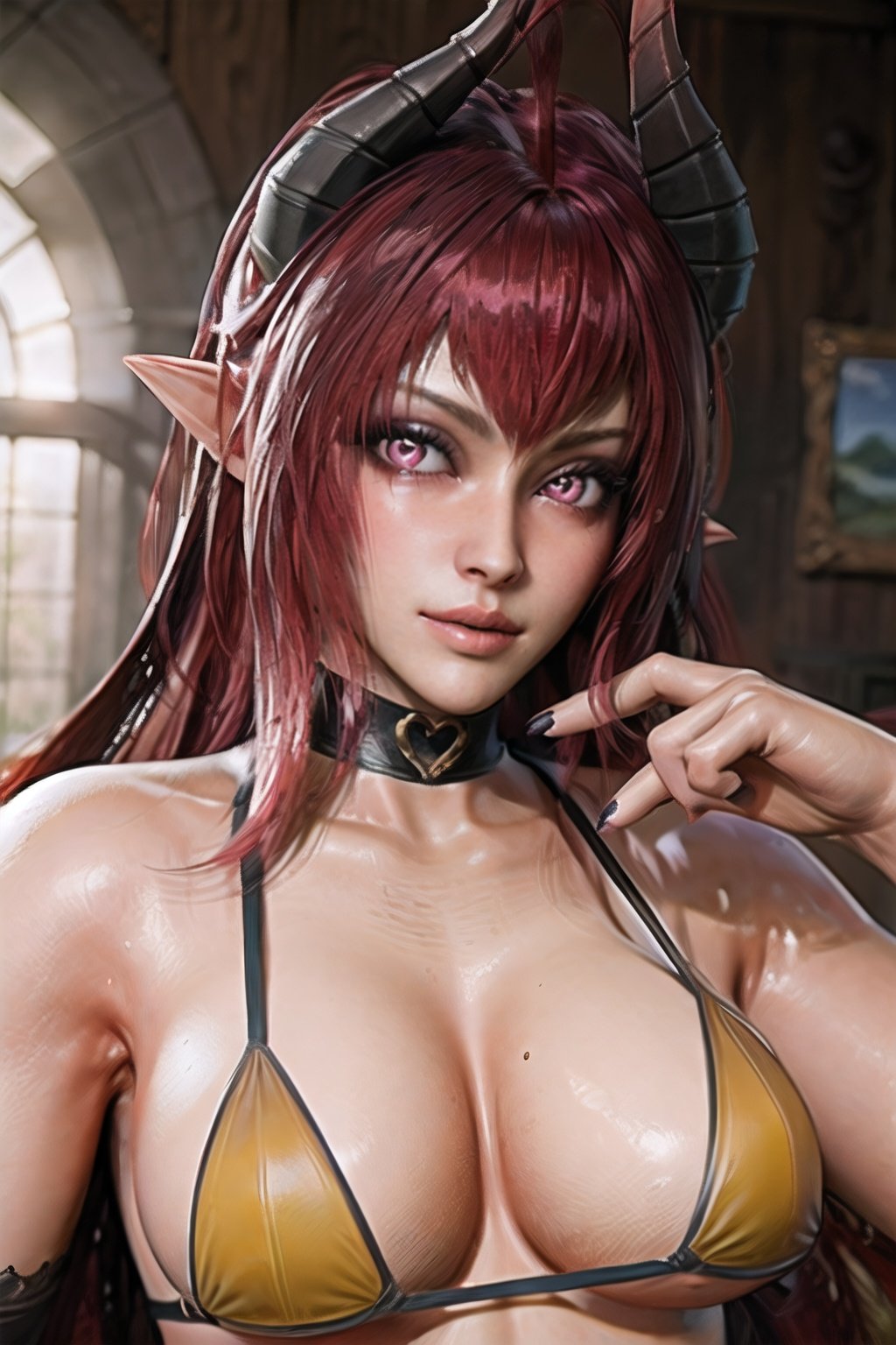 Sinia_yellow_bikini_aiwaifu,bikini, body_writing, breasts, choker, collarbone,demon_girl, demon_horns, demon_tail, demon_wings, detached_sleeves, heart_tattoo, highleg_bikini, horns, leg_tattoo, lips, long_hair,makeup, large_breasts, nail_polish, navel, pointy_ears, pubic_tattoo, red_hair, side-tie_bikini, stomach_tattoo, swimsuit, tail, tattoo,yellow_bikini,masterpiece,best quality,ultra detailed, 8k, cinematic light,highly detailed, scenery,pose,solo,looking at viewer,Sinia_demon_girl