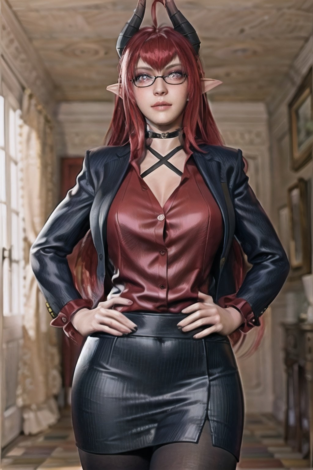 Sinia_suit_aiwaifu,black_legwear, black_skirt, breasts, choker, demon_girl, demon_horns, glasses, horns, jacket, long_hair,miniskirt, pantyhose, pencil_skirt, pinstripe_pattern, pinstripe_suit, pointy_ears,red_hair, skirt, striped, striped_skirt, vertical-striped_skirt, vertical_stripes, masterpiece,best quality,ultra detailed, 8k, cinematic light,highly detailed, scenery,pose,solo,looking at viewer,