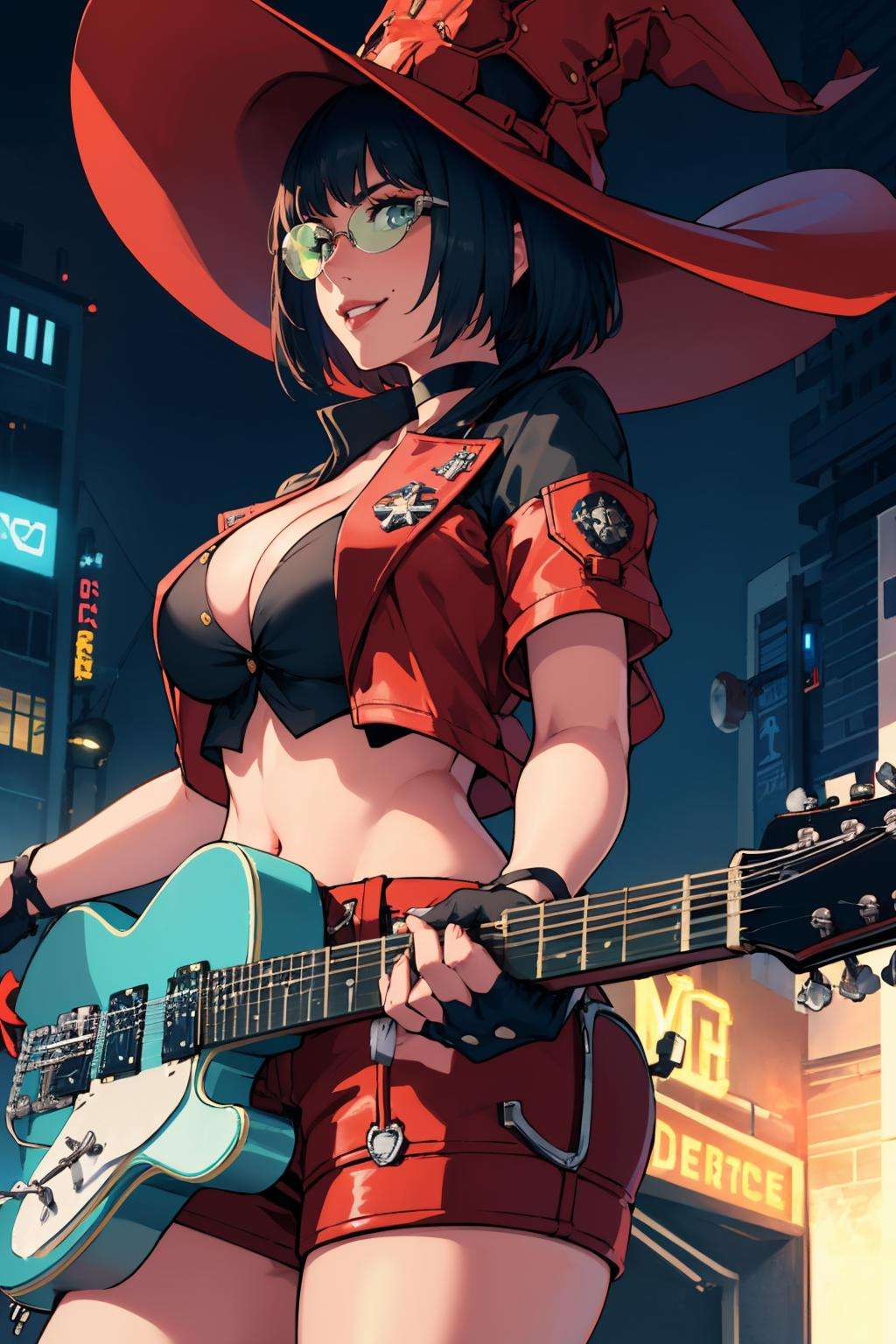 masterpiece, best quality, striveIno, hat, choker, tinted eyewear, red jacket, short sleeves, black shirt, midriff, belt, fingerless gloves, large breasts, cowboy shot, (electric guitar:1.3), playing guitar, smile, furrowed brow, looking at viewer, night, city street, dutch angle, cyberpunk <lora:ggino-nvwls-v1-000009:0.9>