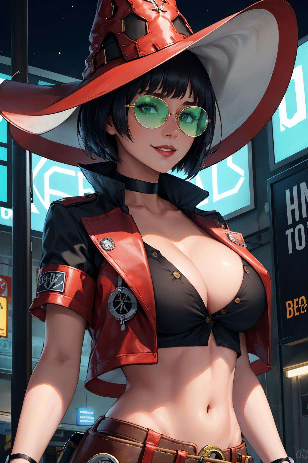 masterpiece, best quality, striveIno, hat, choker, tinted eyewear, red jacket, short sleeves, black shirt, midriff, belt, fingerless gloves, large breasts, upper body, looking at viewer, furrowed brow, night, city, neon signs, evil smile <lora:ggino-nvwls-v1-000009:0.9>