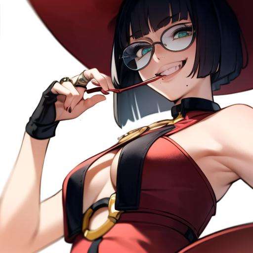 masterpiece, best quality, highly detailed, i-no a woman, red outfit, witch hat, red boots, ring necklace, dark hair, black hair, bob haircut, mole right to mouth, posing, 1girl, solo, standing, close-up, upper body, red skirt, evil grin, ((crazy)), glasses, 