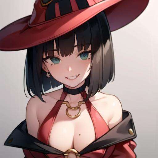 masterpiece, best quality, highly detailed, i-no a woman, red outfit, witch hat, red boots, ring necklace, dark hair, black hair, bob haircut, mole next to mouth, posing, 1girl, solo, standing, close-up, upper body, red skirt, evil grin, ((crazy)),