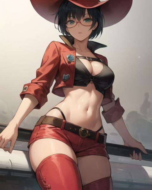 inoms , beautiful, masterpiece, best quality, 1girl,   tinted eyewear,red thigh boots,  hat ,red outfit,solo, crop jacket, shorts, crop top,  large breasts,  solo,  <lora:InoMS:1>