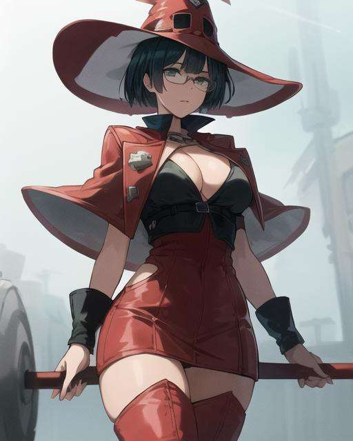 inoms , beautiful, masterpiece, best quality, 1girl,   tinted eyewear,red thigh boots,  hat ,red outfit,solo, crop jacket, leather dress,  large breasts,  solo,  <lora:InoMS:1>