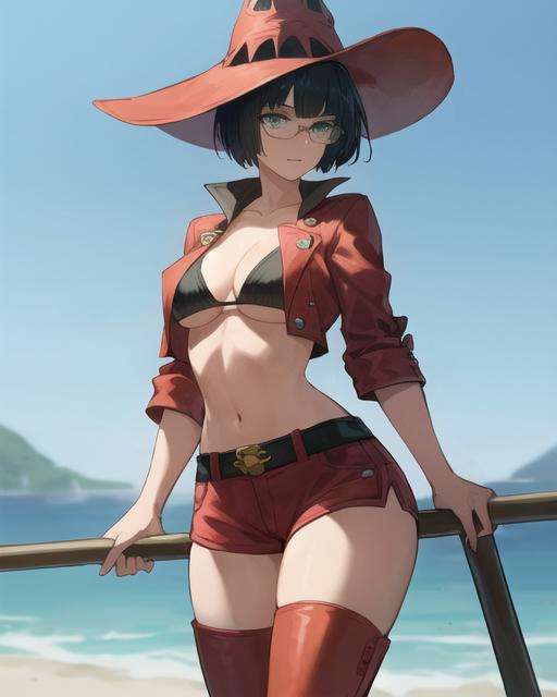 inoms , beautiful, masterpiece, best quality, 1girl,   tinted eyewear,red thigh boots,  hat ,red outfit,solo, crop jacket, shorts, black bra,  large breasts,  solo,  <lora:InoMS:1>