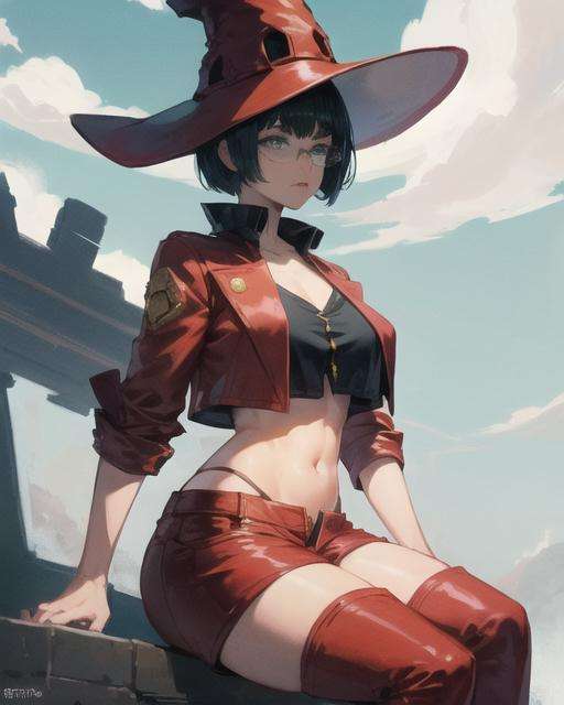 inoms , beautiful, masterpiece, best quality, 1girl,    tinted eyewear,red thigh boots,  hat ,red outfit,solo, crop jacket, shorts, crop top,  large breasts,  solo,  <lora:InoMS:1>