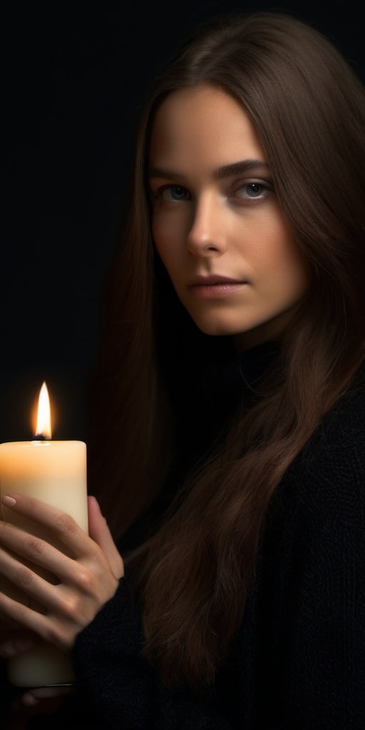 realistic,woman with long hair and a black sweater is holding a candle in her hand and looking at the camera,