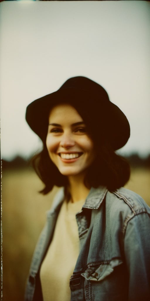 realstic,portrait of a woman,polaroid,film, graininess,smile,cold