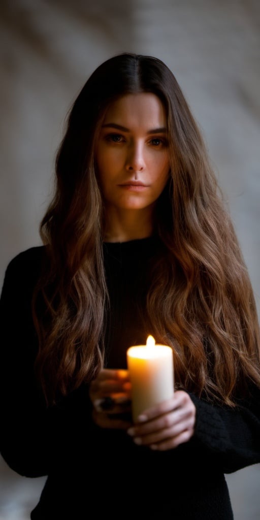 realstica,woman with long hair and a black sweater is holding a candle in her hand and looking at the camera,