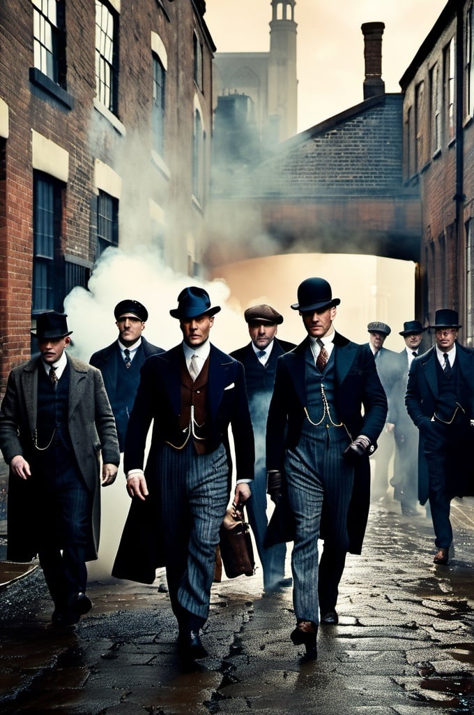 realstic,color photo of "Peaky Blinders"
A gritty portrait of the Shelby family, their faces masked by shadows, showcasing their sharp suits, flat caps, and fierce expressions. The scene is set in the dimly lit streets of Birmingham, with smoke billowing from factory chimneys and cobblestone roads. The atmosphere is tense, with a hint of danger lingering in the air. The camera captures the essence of the 1920s era, bringing to life the roaring spirit of the Peaky Blinders. The photo is captured with a vintage Leica M3 camera, using Kodak Portra 400 film to enhance the rich colors and tones. The lens used is a 50mm f/1.4, allowing for a shallow depth of field and dramatic focus on the characters. Directed by Martin Scorsese, cinematography by Roger Deakins, photography by Annie Leibovitz, and fashion design by Alexander McQueen