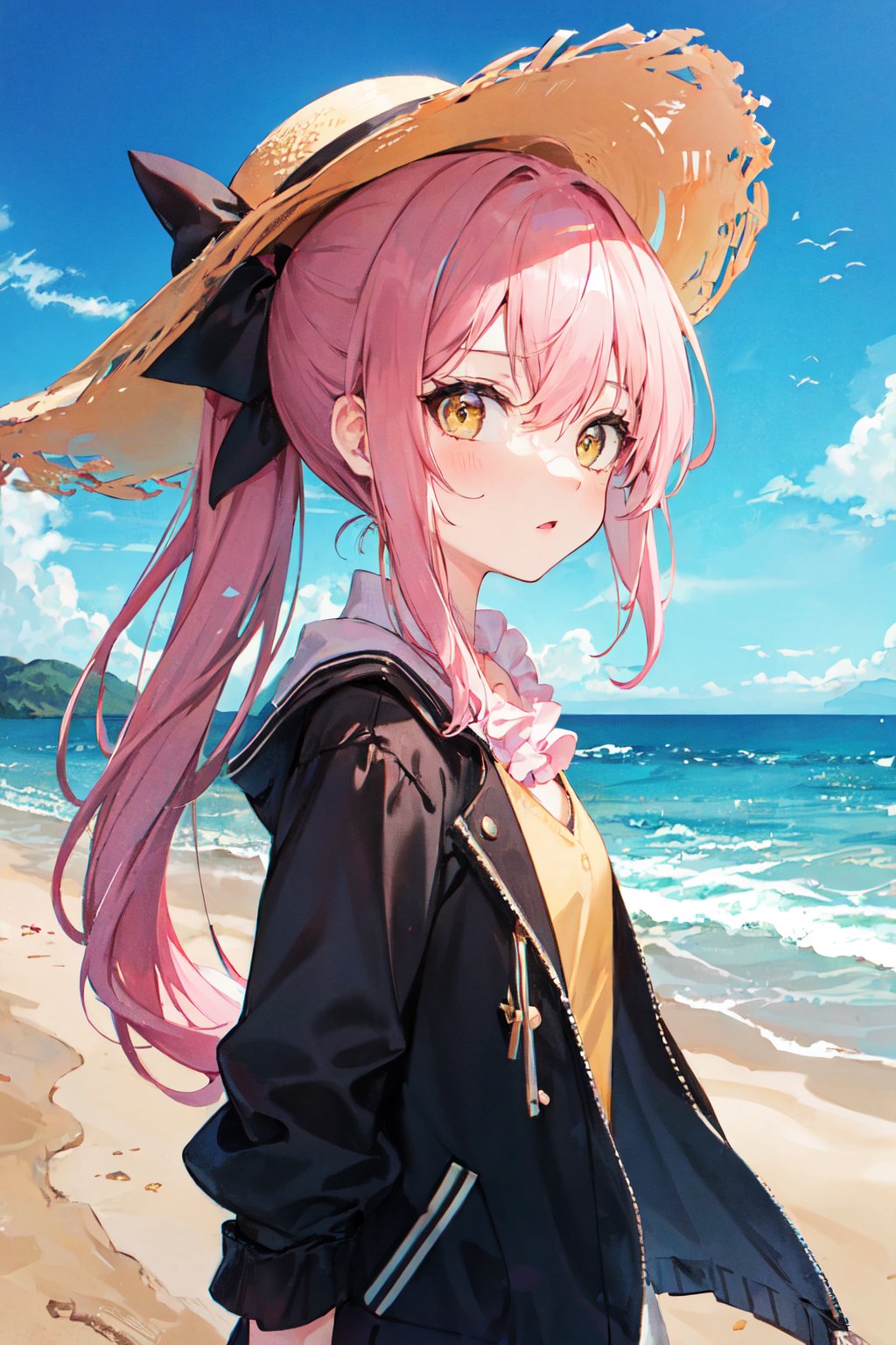 {an extremely delicate and beautiful girl}, 8k wallpaper, {masterpiece}, {an extremely delicate and beautiful girl}, 8k wallpaper, {masterpiece}, loli, Pink hair, Yellow eyes, high ponytail, beach, high ponytail, , hair flower, frilled shirt collar, facula, spot, messy hair, fipped hair, floating hair, (petite), (loli), (solo), (open jacket), staring, blank stare, visor, towel, ribbon, sun hat
