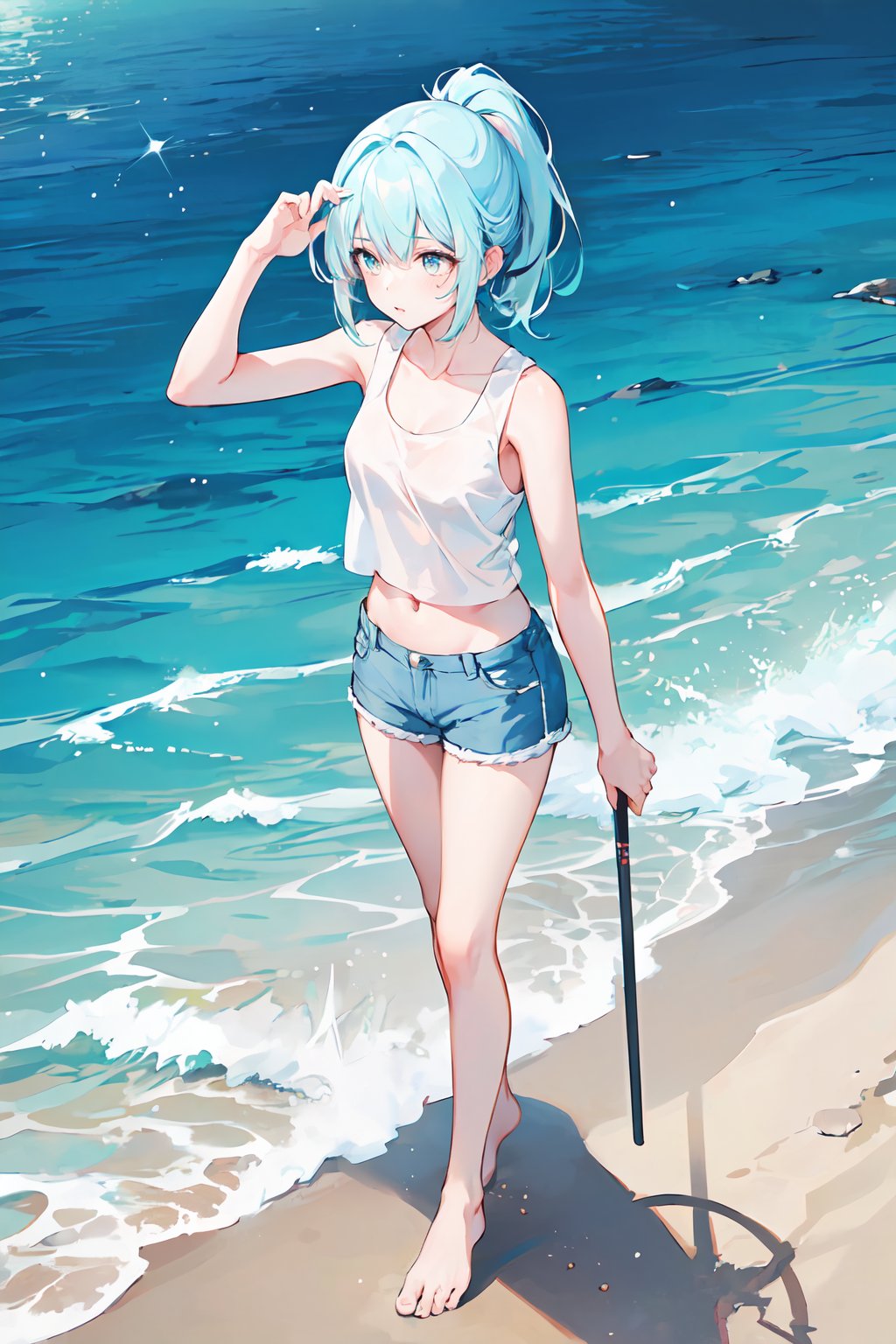  1 girl,light blue hair,ponytail,blue pupil,white tank top,white shorts,navel visible,ocean,crystal clear water,mysterious,bright,sparkling,full body,slender,barefoot,stand,adjusting hair,