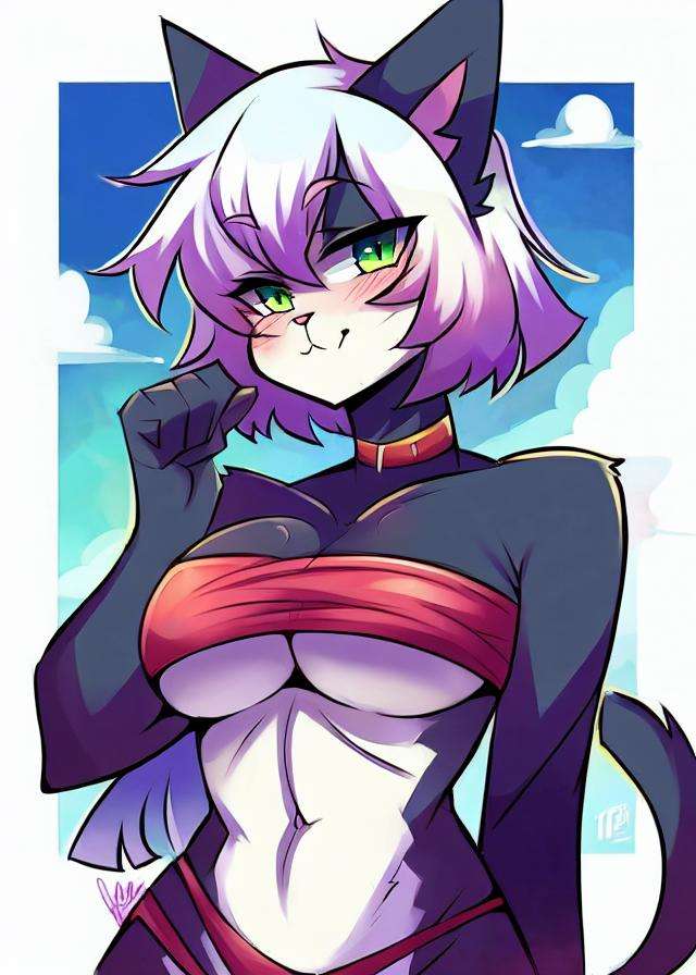 female anthro domestic cat, looking at viewer, curvy figure, white hair, gradient hair, green eyes, half-length portrait, bandeau, under boob, cleavageBREAK(best quality, high quality:1.4), detailed background, day, digital media \(artwork\)<lora:fluffyrock-quality-tags-v1.13-vpred:1>