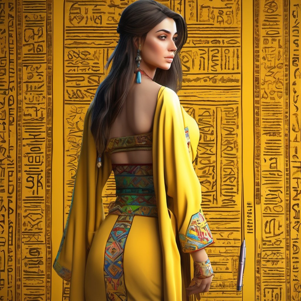 Real full picture of Most beautiful attractive   model  wearing yellow full covered Chemise having colorful hieroglyphic detailed writings, high resolution,  8k,, WLOP , mockup, ultra hd, realistic, vivid colors, highly detailed, UHD drawing, pen and ink, perfect composition, beautiful detailed intricate insanely detailed octane render trending on artstation, 8k artistic photography, photorealistic concept art, soft natural volumetric cinematic perfect light, ultra realistic, 