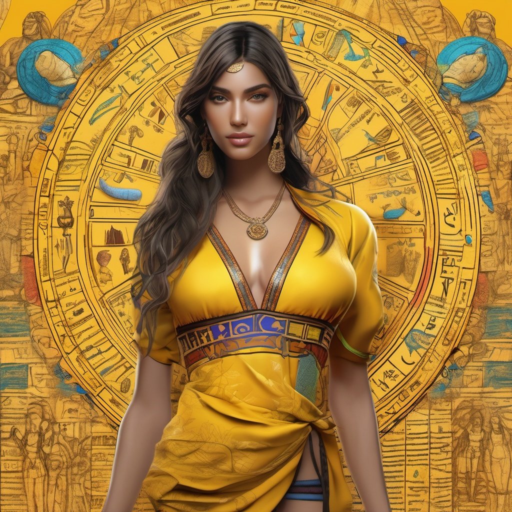 Real full picture of Most beautiful attractive   model  wearing yellow full covered Chemise having colorful hieroglyphic detailed writings, high resolution,  8k,, WLOP , mockup, ultra hd, realistic, vivid colors, highly detailed, UHD drawing, pen and ink, perfect composition, beautiful detailed intricate insanely detailed octane render trending on artstation, 8k artistic photography, photorealistic concept art, soft natural volumetric cinematic perfect light, ultra realistic, 