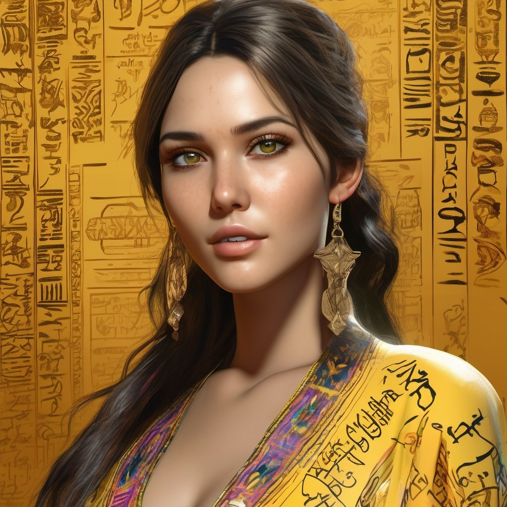 Real full picture of Most beautiful attractive   model  wearing yellow full covered Chemise having colorful hieroglyphic detailed writings, high resolution,  8k,, WLOP , mockup, ultra hd, realistic, vivid colors, highly detailed, UHD drawing, pen and ink, perfect composition, beautiful detailed intricate insanely detailed octane render trending on artstation, 8k artistic photography, photorealistic concept art, soft natural volumetric cinematic perfect light, ultra realistic, 