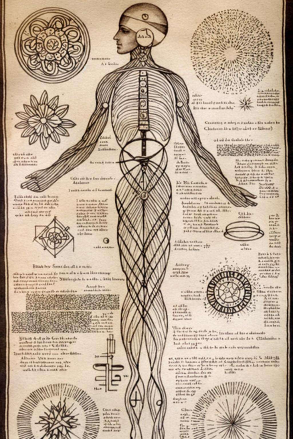 a drawing of a human body with many different parts , alchemy , esoteric art