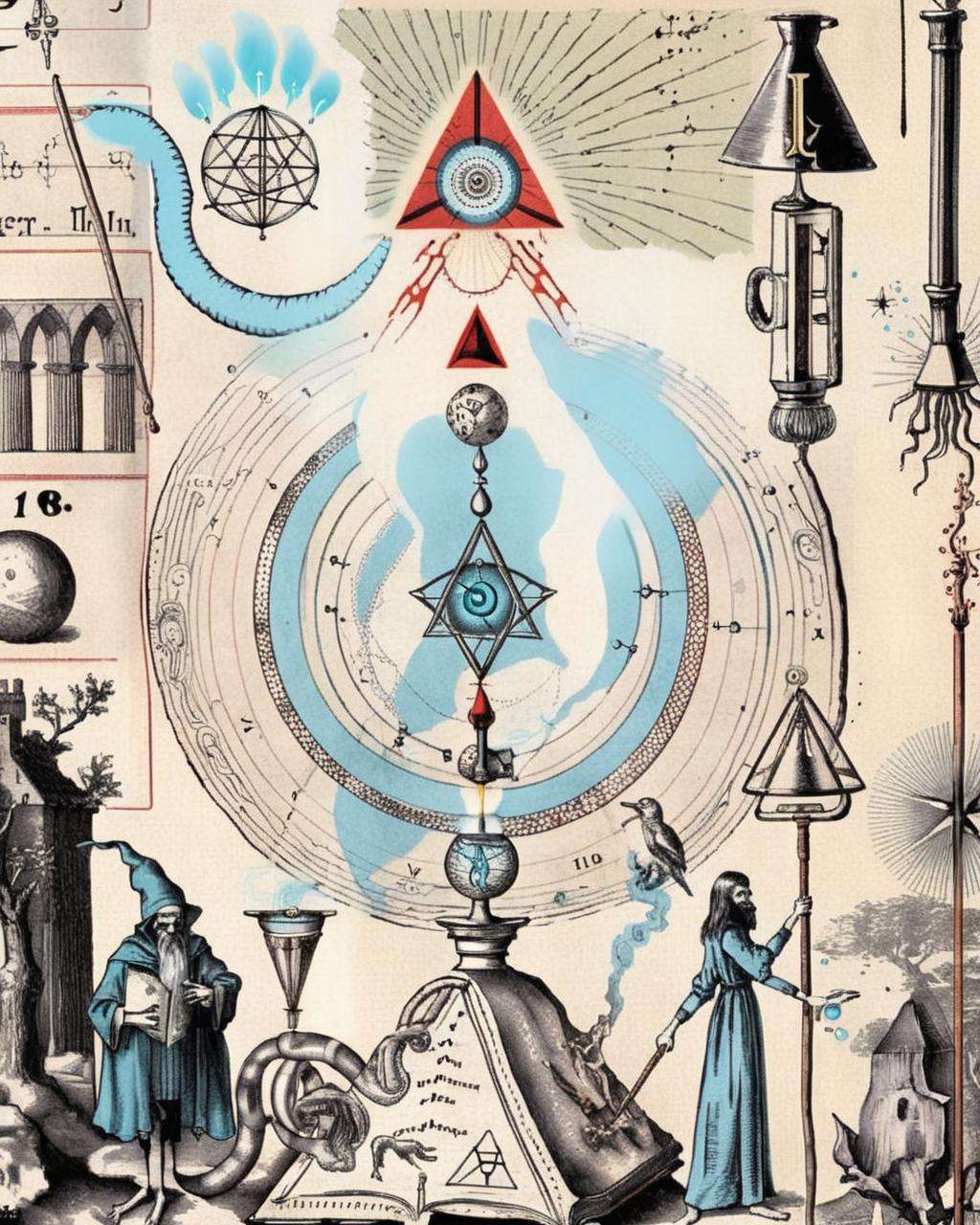 The alchemical book page features an illustration of a sorcerer wielding an intricately designed staff, fusing the realms of magic and ancient technology in a single image:1.4, alchemical book page:1.2, illustration of sorcerer:1.2, intricately designed staff:1.1, realms of magic:1.1, ancient technology:1.1, single image:1.1. , alchemy:2<lora:Alchemy_sdxl:1.0>